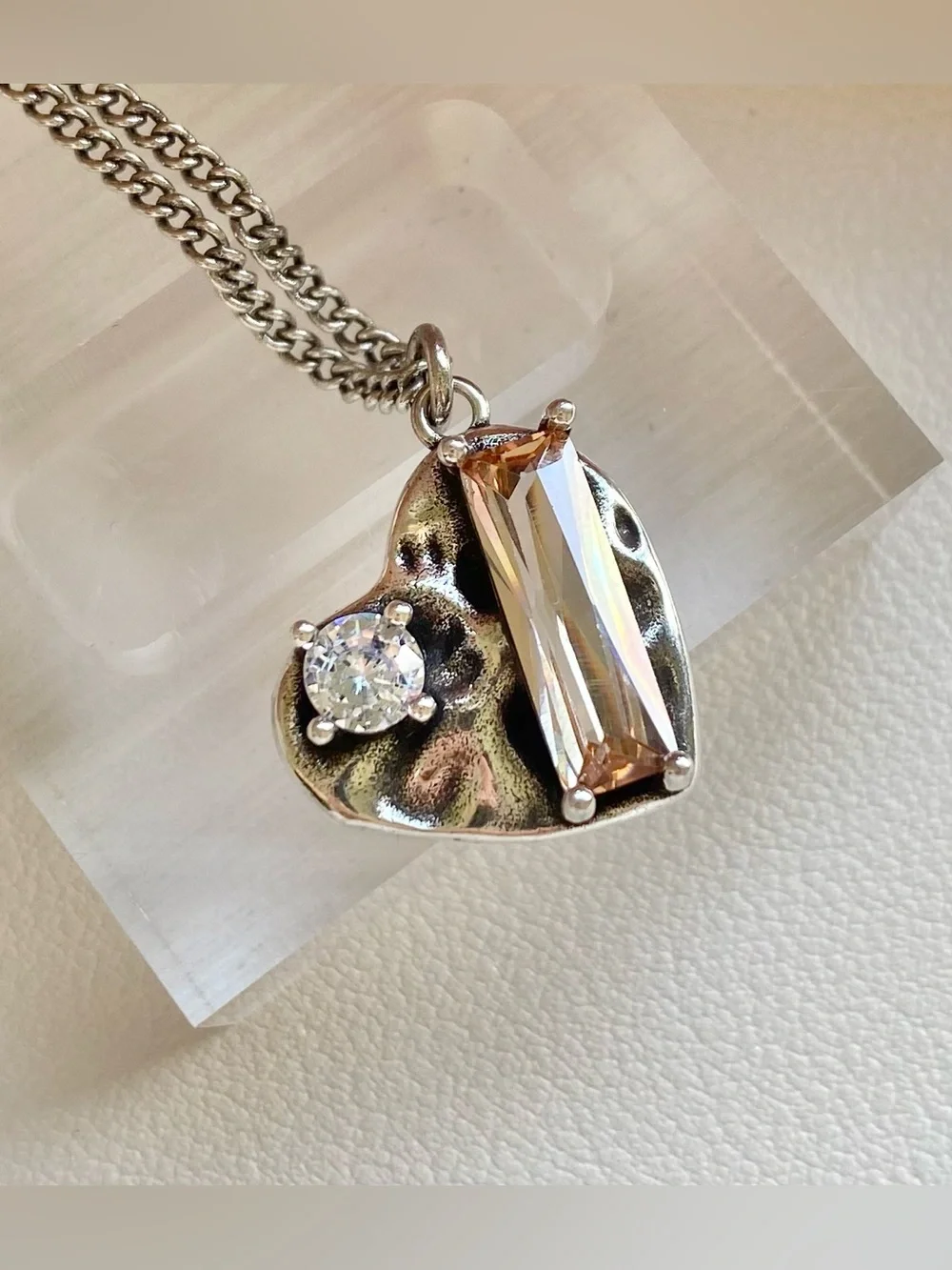 Silver Heart Pendant Necklace with Champagne Crystal Accent